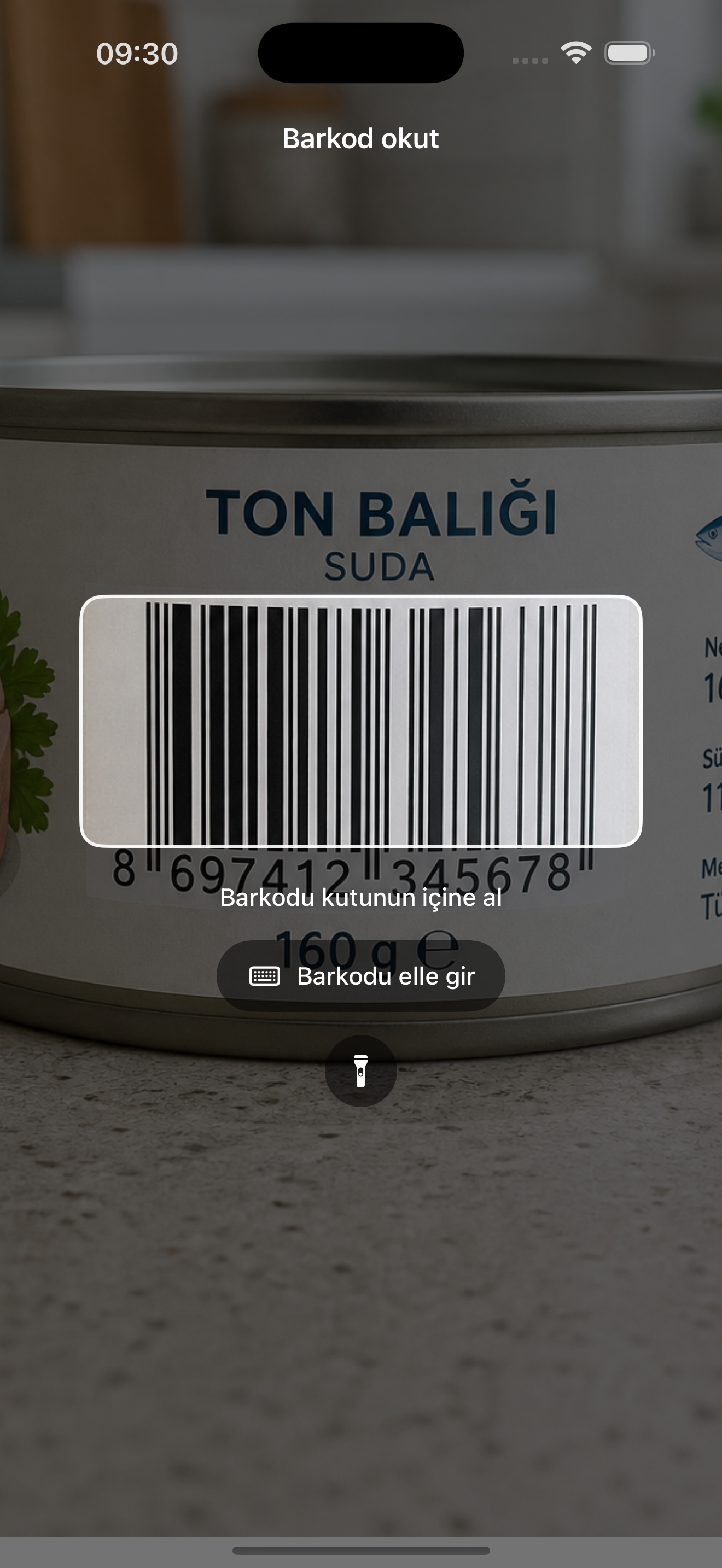 Caluma uygulamasının gerçek barkod okutma ekranı