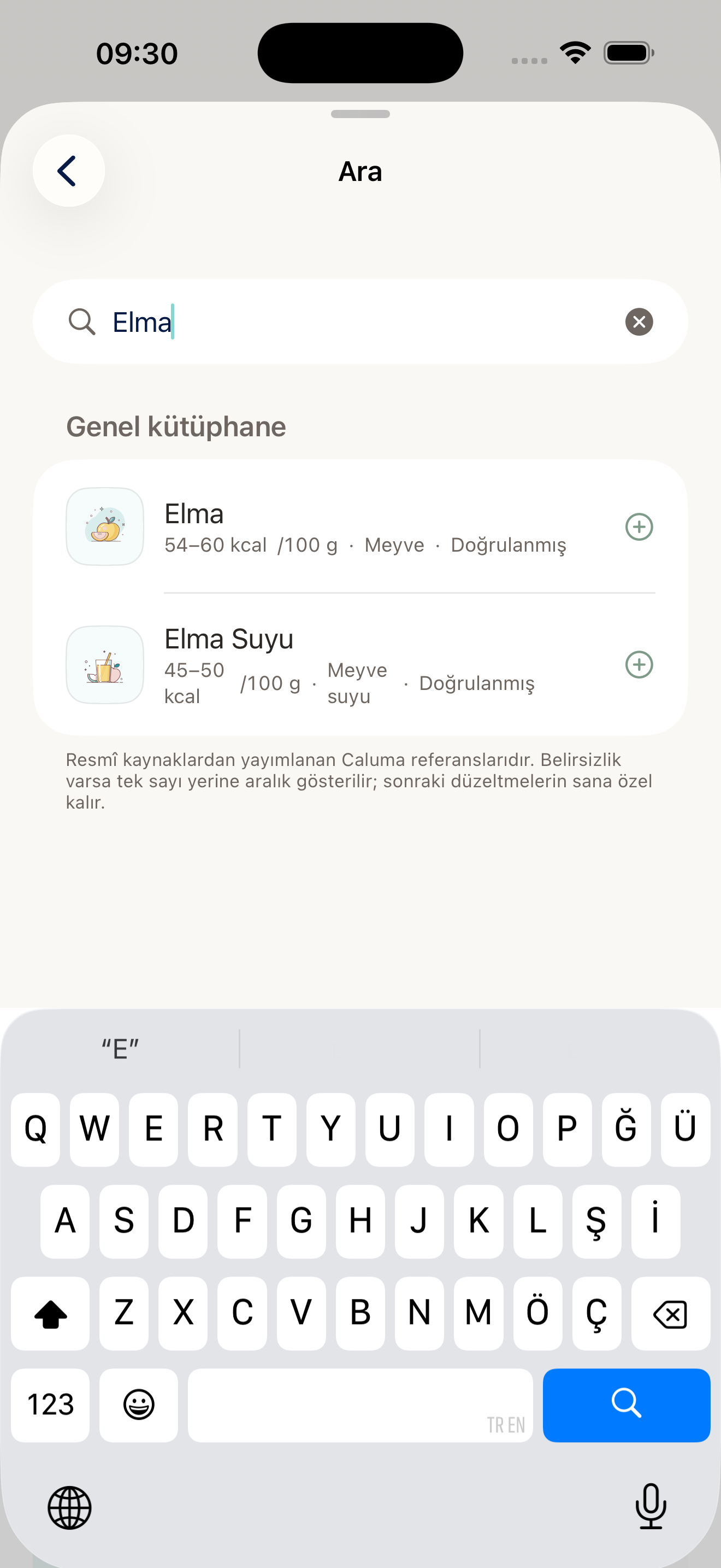 Caluma yemek kütüphanesinde arama ekranı